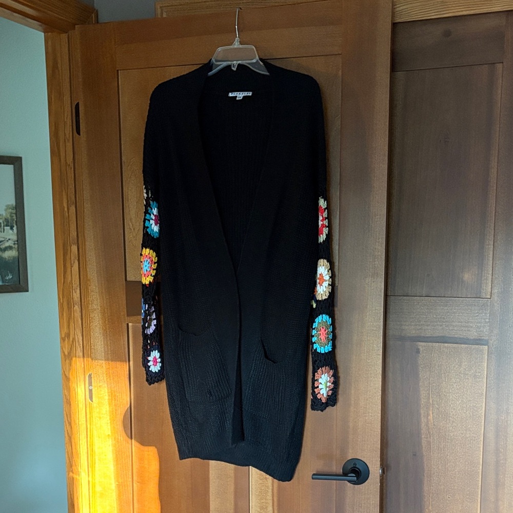 NWOT Black Cardigan with Multicolor granny square arms